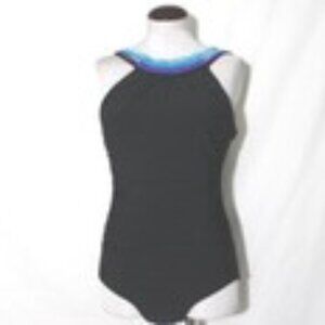 Curvallure Tummy Control Black Swimsuit Shirred Front Underwire Bra sz 14